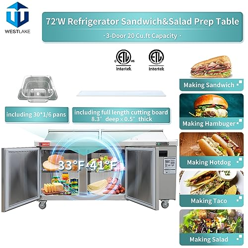 Sandwich Prep Table Refrigerator, WESTLAKE 72" 3 Door Mega Top Salad Sandwich Prep Table