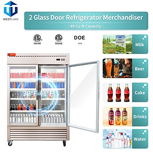 Commercial Refrigerator 2 Glass Door, WESTLAKE 54" W Merchandiser Reach-in Cooler Upright Fridge 49 Cu.ft for Restaurant, Bar, Shop, Retail