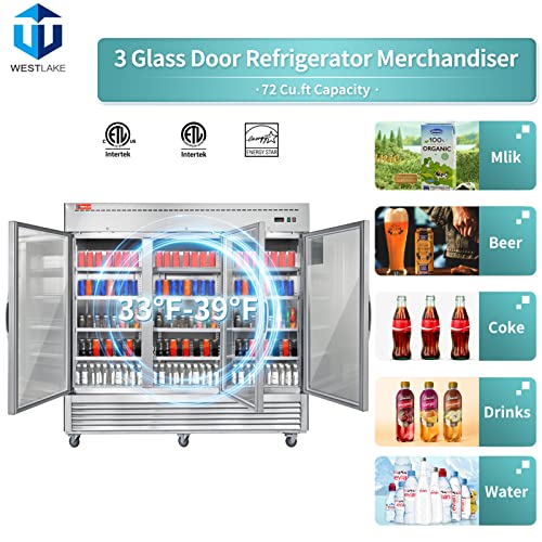 Commercial Refrigerator 3 Glass Door, WESTLAKE 82" W Merchandiser Reach-in Cooler Upright Fridge 72 Cu.ft for Restaurant, Bar, Shop, Retail