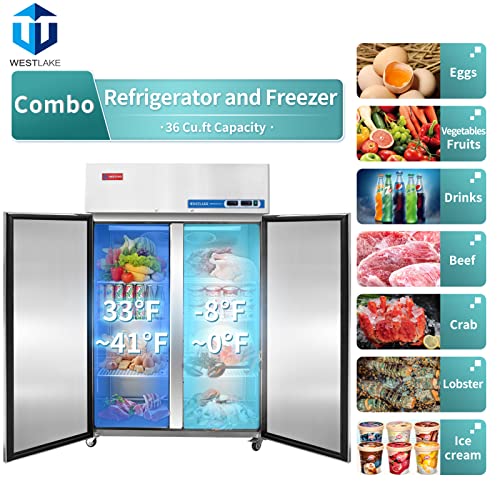 WESTLAKE Commercial Refrigerator Freezer Combo, 48" W 2 door Solid Reach in 36 Cu.ft for Restaurant, Bar, Shop, etc