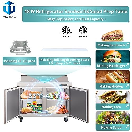 Sandwich Prep Table Refrigerator, WESTLAKE 48" 2 Door Mega Top Salad Sandwich Prep Table