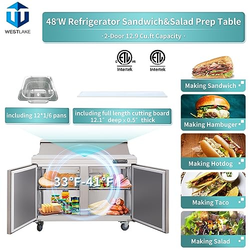 Sandwich Prep Table Refrigerator, WESTLAKE 48" 2 Door Commercial Salad Sandwich Food Prep Table Cooler