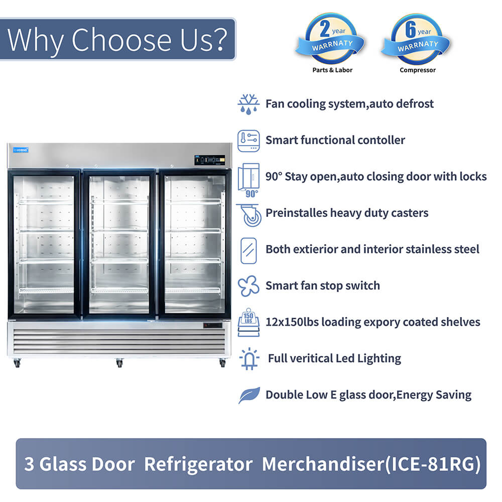 ICECASA 82 Inch 3 Door Commercial Display Refrigerator, 3 Glass Door Commercial Reach-in Merchandiser Refrigerator