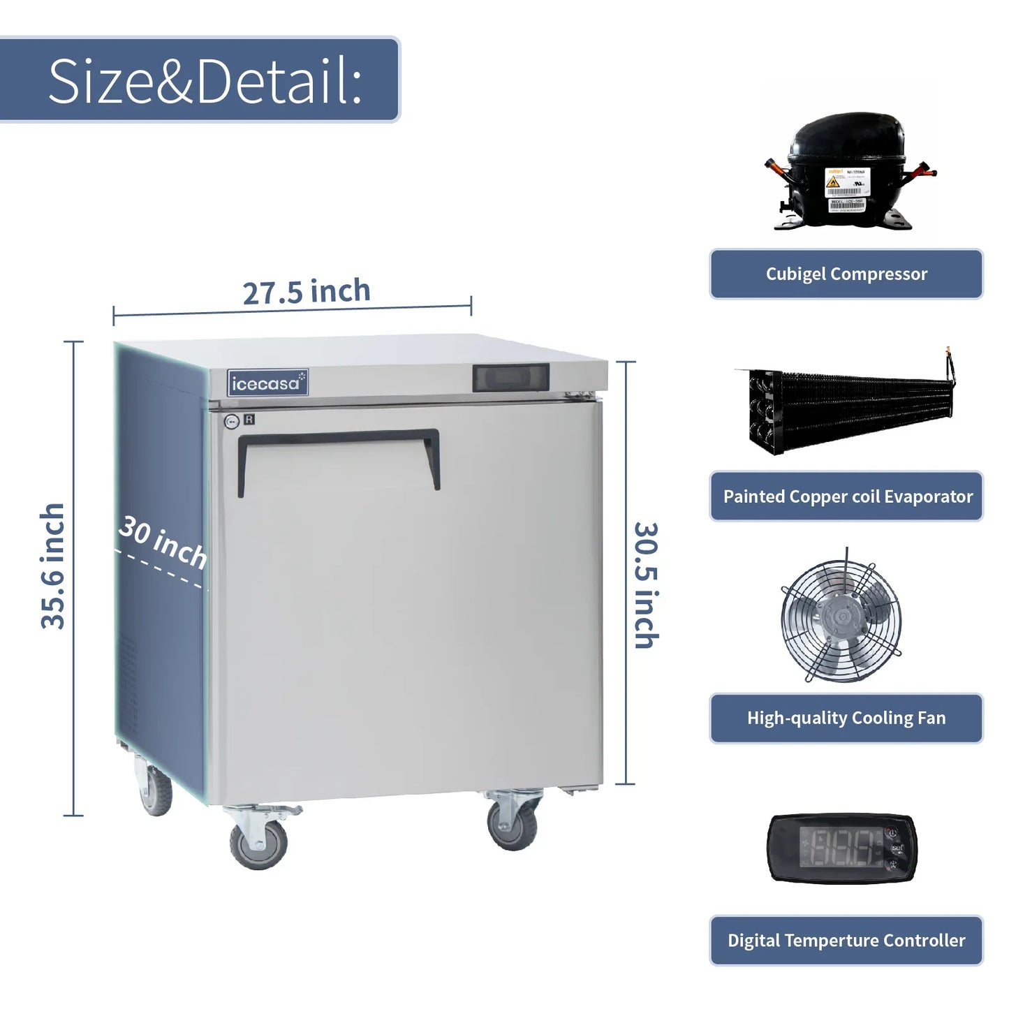ICECASA 27" Stainless Steel Commercial Undercounter Fridge