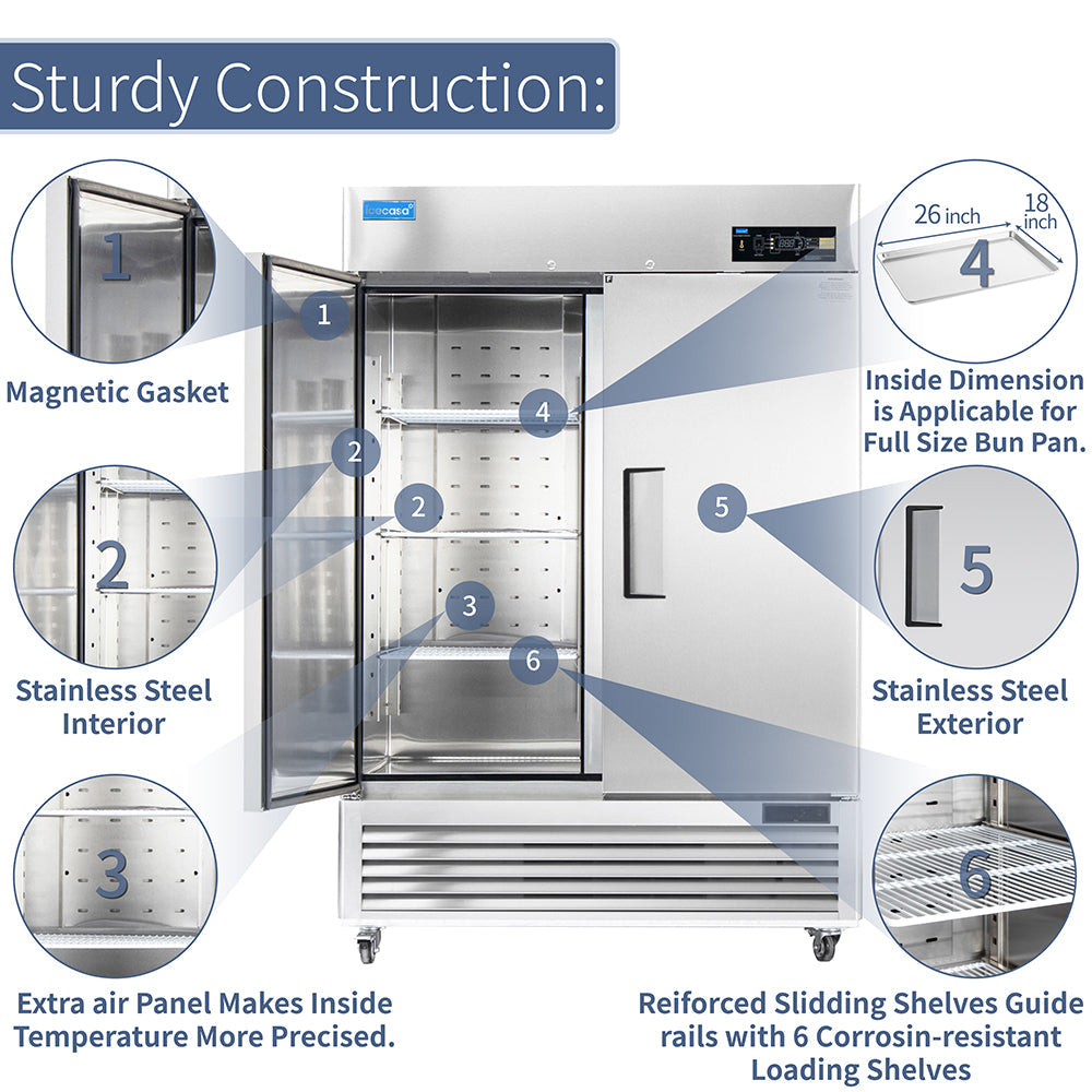 ICECASA 54" Freezer For Commercial, Industrial 2 Door Reach-In Commercial Stand Up Freezer
