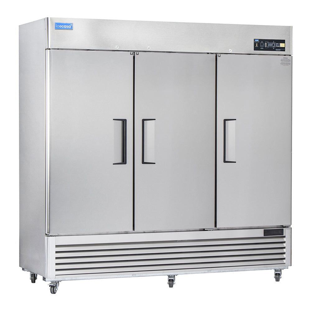 ICECASA 82" Freezer For Commercial, Industrial 3 Door Reach-In Commercial Stand Up Freezer