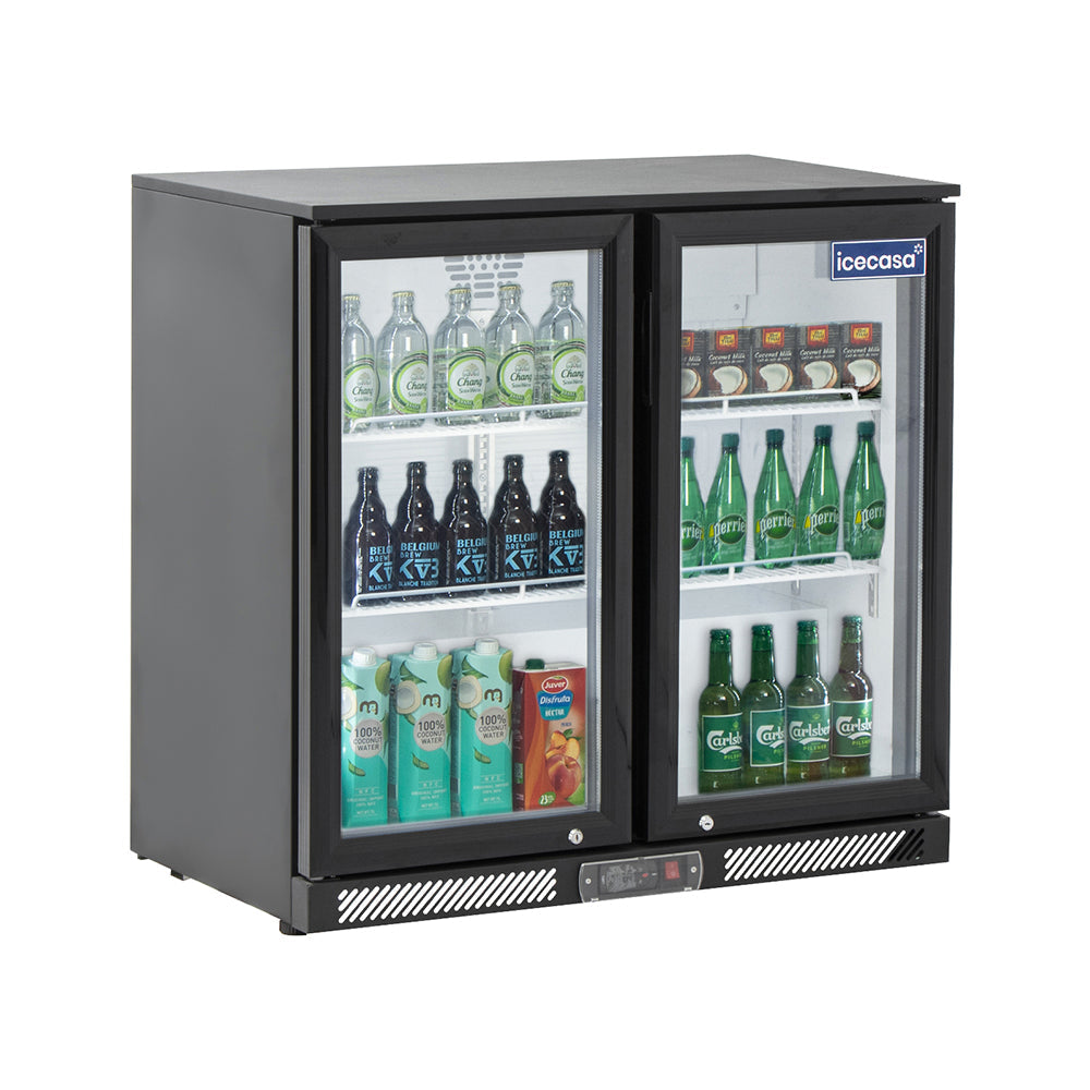 ICECASA Undercounter Beverage Cooler Fridge, 2 Glass Door Back Bar Fridge 35.4" Commericial Wine Cooler