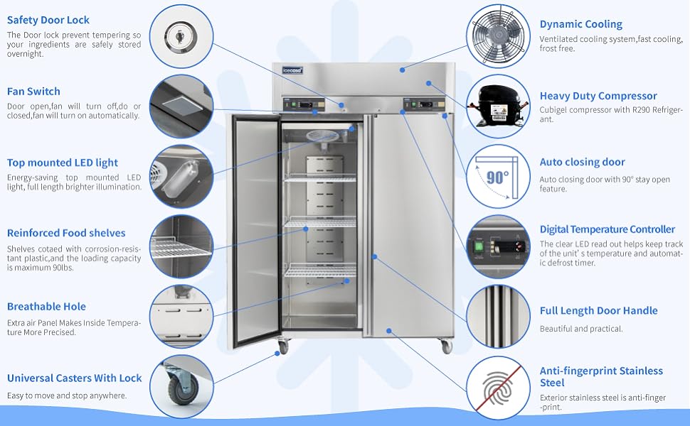 ICECASA 2 Door Commercial Refrigerator Freezer Combo, Restaurant 48 Inch Reach-In Commercial Upright Fridge and Freezer Combo