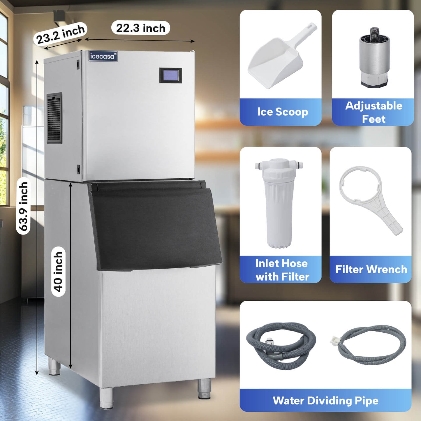 ICECASA Commercial Ice Maker Machine Stainless Steel 350 lbs/24H Ice with 220 lbs Storage