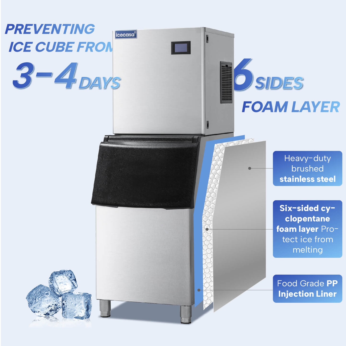 ICECASA Commercial Ice Maker Machine Stainless Steel 350 lbs/24H Ice with 220 lbs Storage