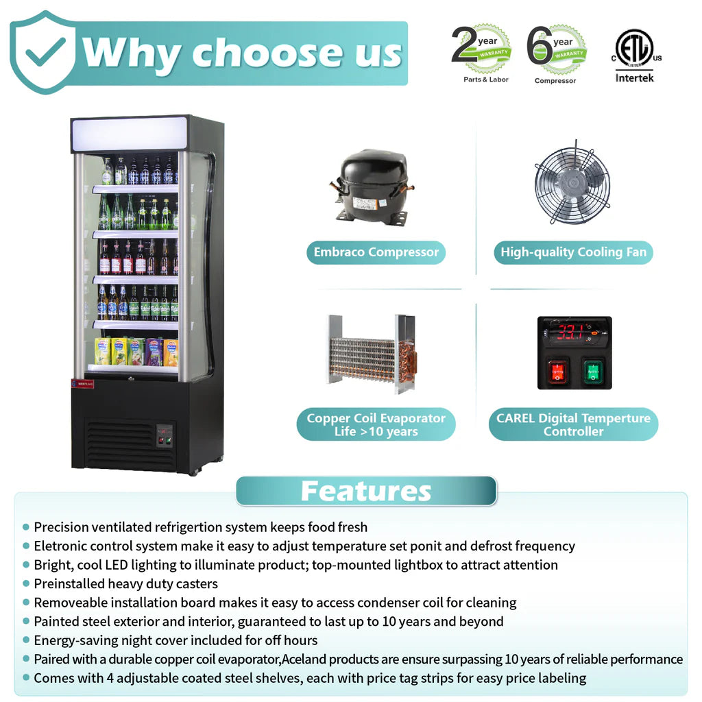 WESTLAKE 28" Restaurant Commercial Open Air Merchandiser Refrigerated Display Cooler Black Air Curtain