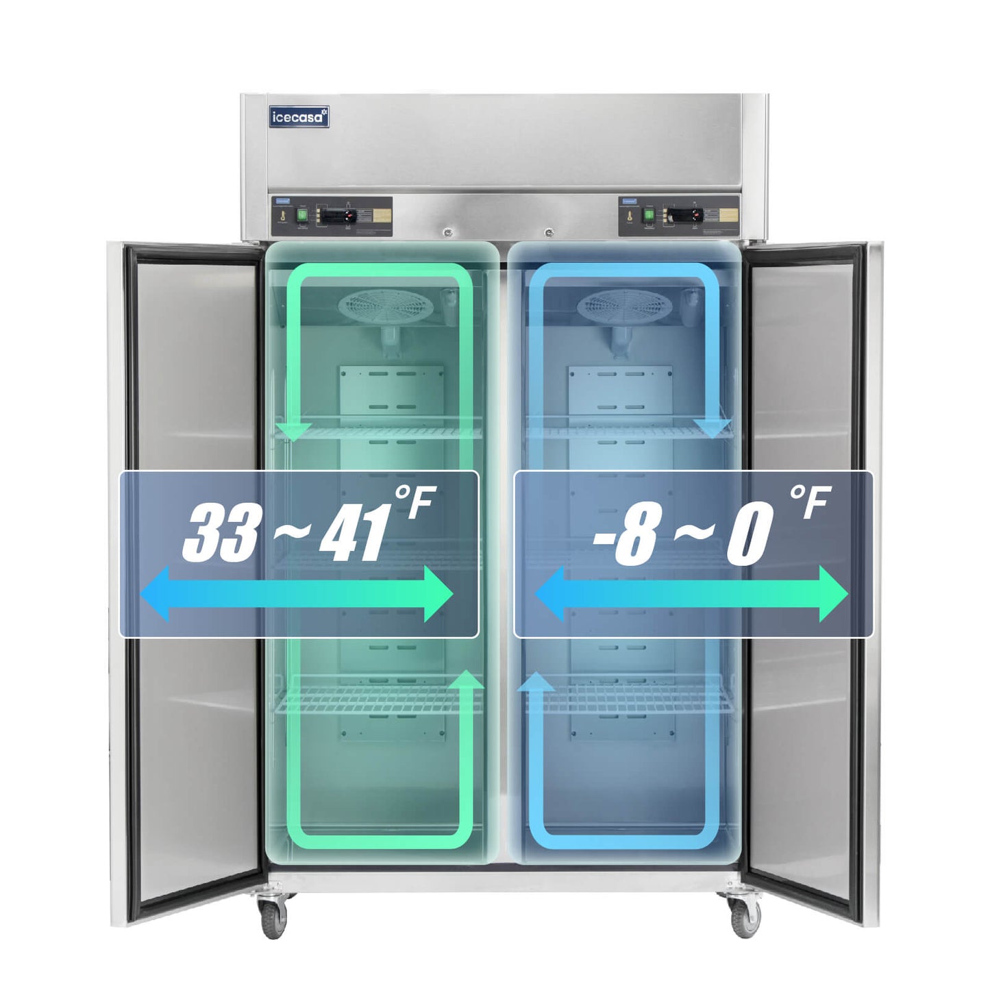 ICECASA 2 Door Commercial Fridge With Freezer, 48" Reach-In Industrial Freezer And Refrigerator