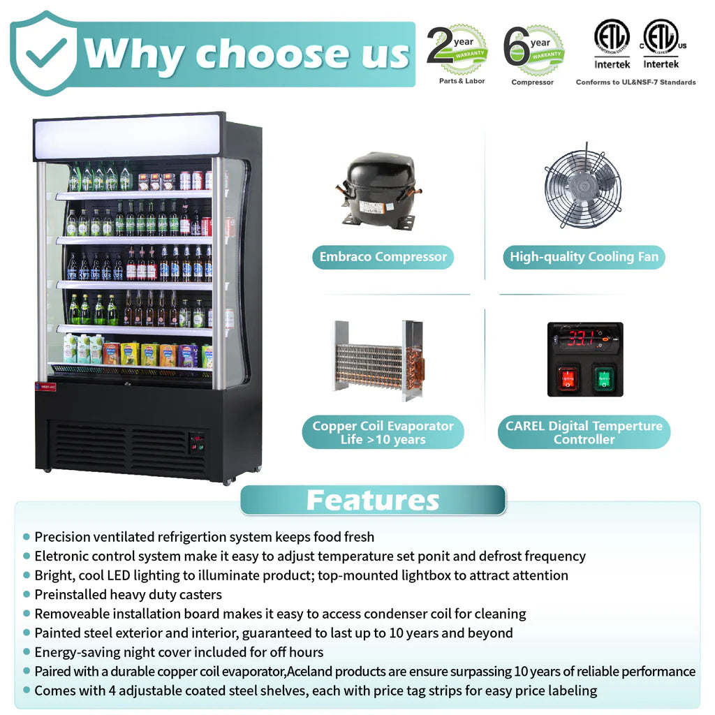 WESTLAKE 46"W 26"D Restaurant Commercial Open Air Merchandiser Refrigerated Display Cooler Black Air Curtain