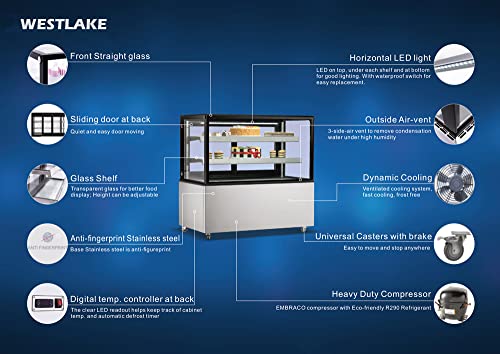 Commercial Bakery Display Case, WESTLAKE 36"W Square Glass Refrigerated Bakery Display Case with LED Lighting