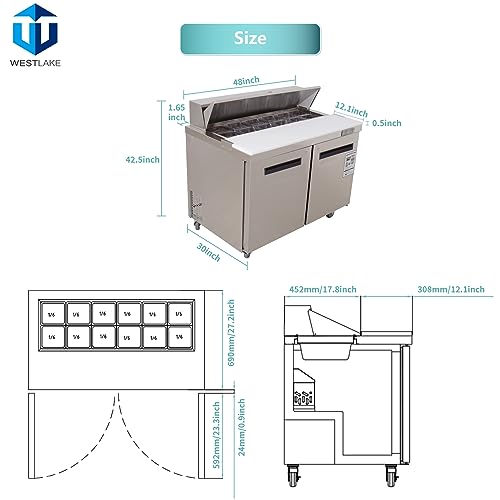 Sandwich Prep Table Refrigerator, WESTLAKE 48" 2 Door Commercial Salad Sandwich Food Prep Table Cooler