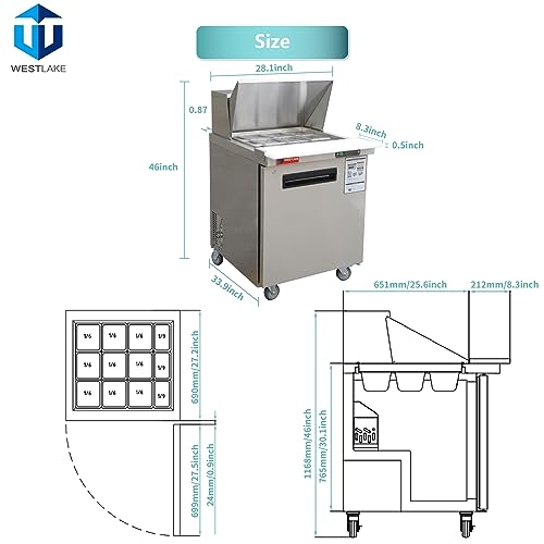 Sandwich Prep Table Refrigerator, WESTLAKE 27" 1 Door Mega Top Salad Sandwich Prep Table