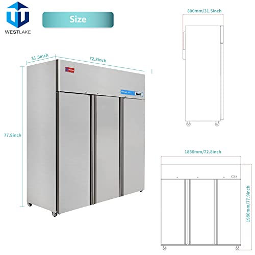 WESTLAKE Commercial Refrigerator, 72'' W 3 door Reach in Fridge Solid door Upright Cooler for Restaurant, Bar, Shop, etc 54 Cu.ft