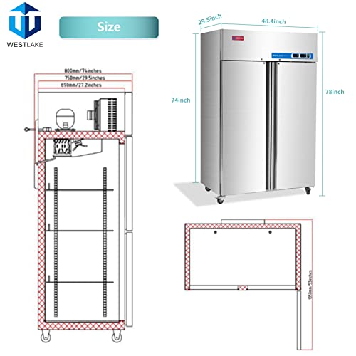 Commercial Fridge and Freezer Combo, WESTLAKE 48" 2 door Reach-In Commercial Refrigerator and Freezer Combination