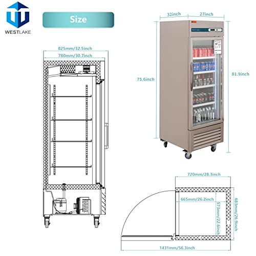 Commercial Refrigerator 1 Glass Door, WESTLAKE 27" W Merchandiser Reach-in Display Fridge 23 Cu.ft Upriht Cooler for Restaurant, Bar, Retail
