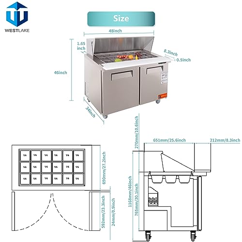 Sandwich Prep Table Refrigerator, WESTLAKE 48" 2 Door Mega Top Salad Sandwich Prep Table