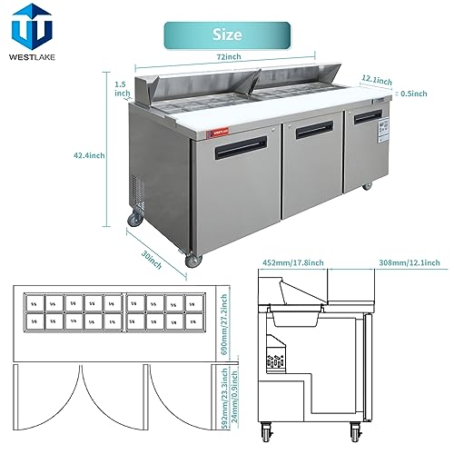 Sandwich Prep Table Refrigerator, WESTLAKE 72" 3 Door Commercial Salad Sandwich Prep Table