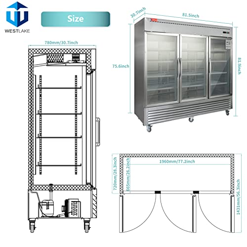 Commercial Refrigerator 3 Glass Door, WESTLAKE 82" W Merchandiser Reach-in Cooler Upright Fridge 72 Cu.ft for Restaurant, Bar, Shop, Retail