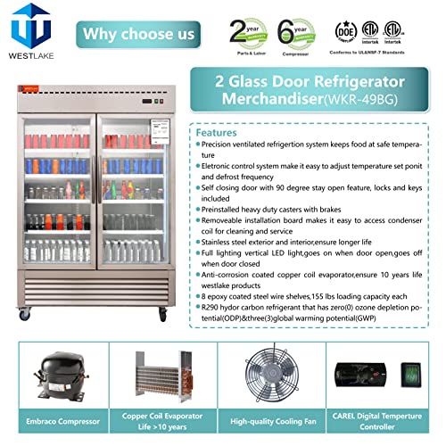Commercial Refrigerator 2 Glass Door, WESTLAKE 54" W Merchandiser Reach-in Cooler Upright Fridge 49 Cu.ft for Restaurant, Bar, Shop, Retail