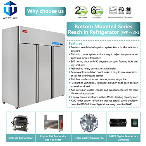 WESTLAKE Commercial Refrigerator, 72'' W 3 door Reach in Fridge Solid door Upright Cooler for Restaurant, Bar, Shop, etc 54 Cu.ft