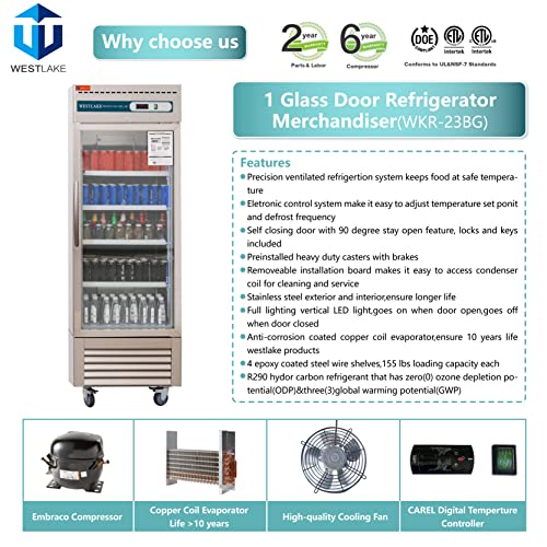 Commercial Refrigerator 1 Glass Door, WESTLAKE 27" W Merchandiser Reach-in Display Fridge 23 Cu.ft Upriht Cooler for Restaurant, Bar, Retail