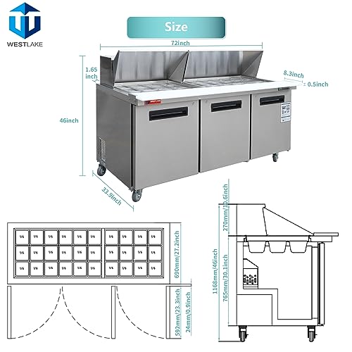 Sandwich Prep Table Refrigerator, WESTLAKE 72" 3 Door Mega Top Salad Sandwich Prep Table