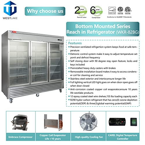 Commercial Refrigerator 3 Glass Door, WESTLAKE 82" W Merchandiser Reach-in Cooler Upright Fridge 72 Cu.ft for Restaurant, Bar, Shop, Retail