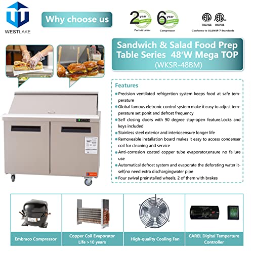Sandwich Prep Table Refrigerator, WESTLAKE 48" 2 Door Mega Top Salad Sandwich Prep Table