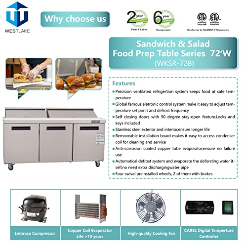 Sandwich Prep Table Refrigerator, WESTLAKE 72" 3 Door Commercial Salad Sandwich Prep Table