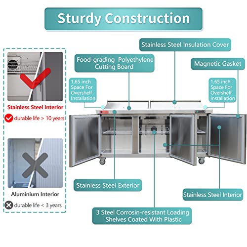 Sandwich Prep Table Refrigerator, WESTLAKE 72" 3 Door Mega Top Salad Sandwich Prep Table