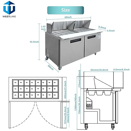 Sandwich Prep Table Refrigerator, WESTLAKE 60" 2 Door Mega Top Salad Sandwich Prep Table