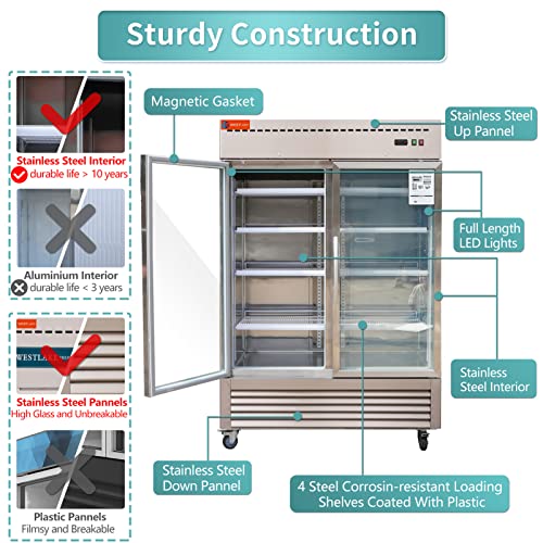 Commercial Refrigerator 2 Glass Door, WESTLAKE 54" W Merchandiser Reach-in Cooler Upright Fridge 49 Cu.ft for Restaurant, Bar, Shop, Retail