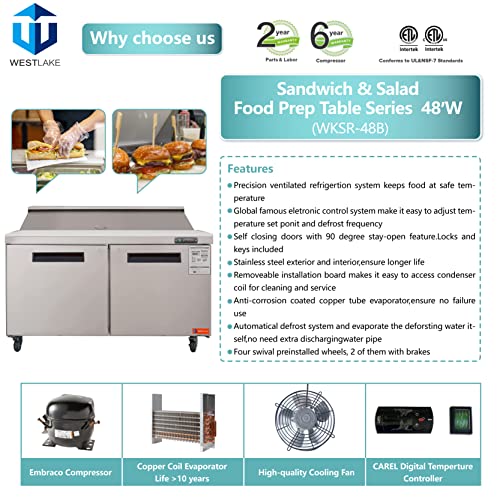 Sandwich Prep Table Refrigerator, WESTLAKE 48" 2 Door Commercial Salad Sandwich Food Prep Table Cooler