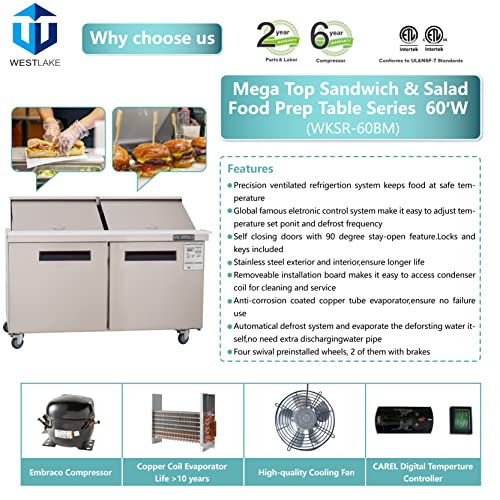 Sandwich Prep Table Refrigerator, WESTLAKE 60" 2 Door Mega Top Salad Sandwich Prep Table