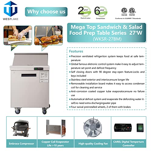 Sandwich Prep Table Refrigerator, WESTLAKE 27" 1 Door Mega Top Salad Sandwich Prep Table