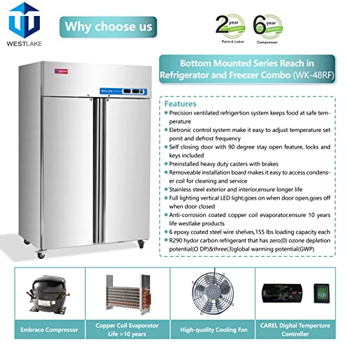 Commercial Fridge and Freezer Combo, WESTLAKE 48" 2 door Reach-In Commercial Refrigerator and Freezer Combination