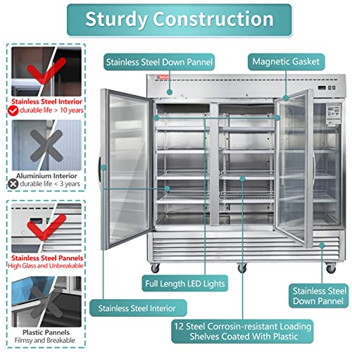 Commercial Refrigerator 3 Glass Door, WESTLAKE 82" W Merchandiser Reach-in Cooler Upright Fridge 72 Cu.ft for Restaurant, Bar, Shop, Retail