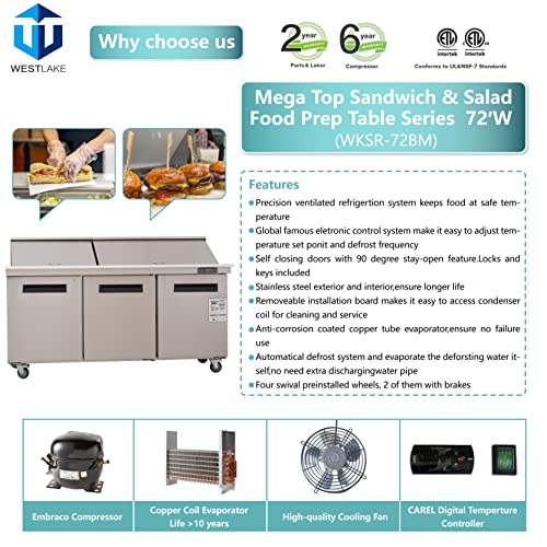 Sandwich Prep Table Refrigerator, WESTLAKE 72" 3 Door Mega Top Salad Sandwich Prep Table