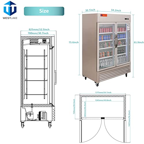 Commercial Refrigerator 2 Glass Door, WESTLAKE 54" W Merchandiser Reach-in Cooler Upright Fridge 49 Cu.ft for Restaurant, Bar, Shop, Retail