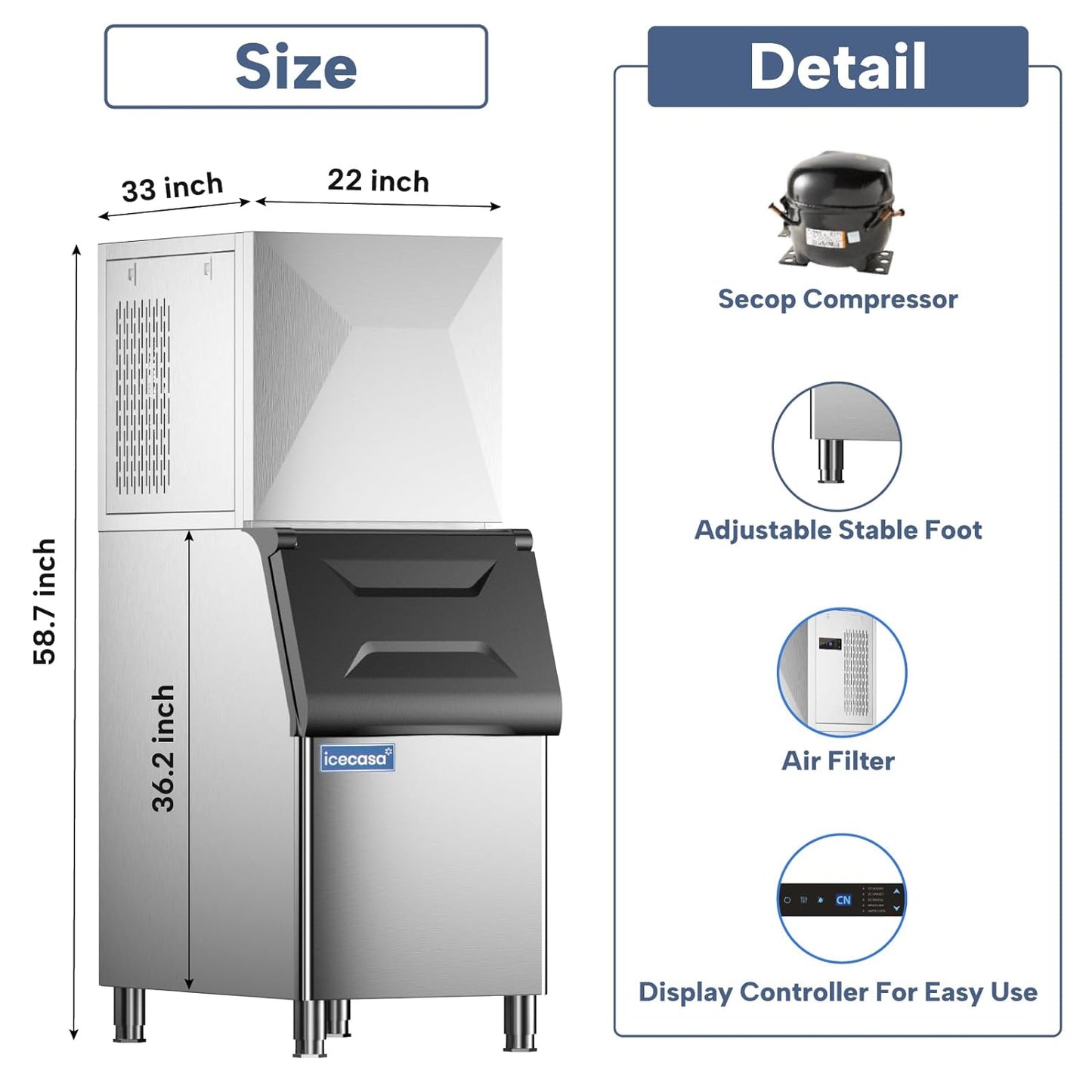 ICECASA Commercial Ice Maker Machine Stainless Steel 400 lbs/24H Ice with 267 lbs Storage