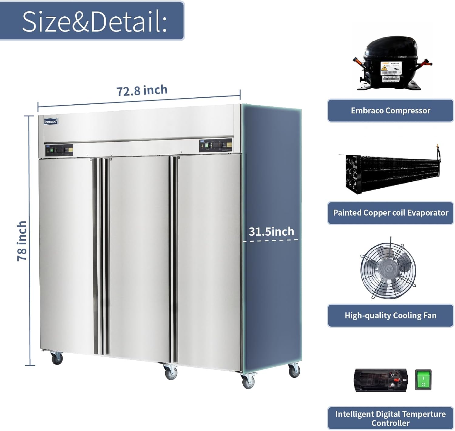 ICECASA 72 Inch Commercial Refrigerator Freezer Combo, Restaurant 3 Door Reach-In Commercial Upright Fridge and Freezer Combo