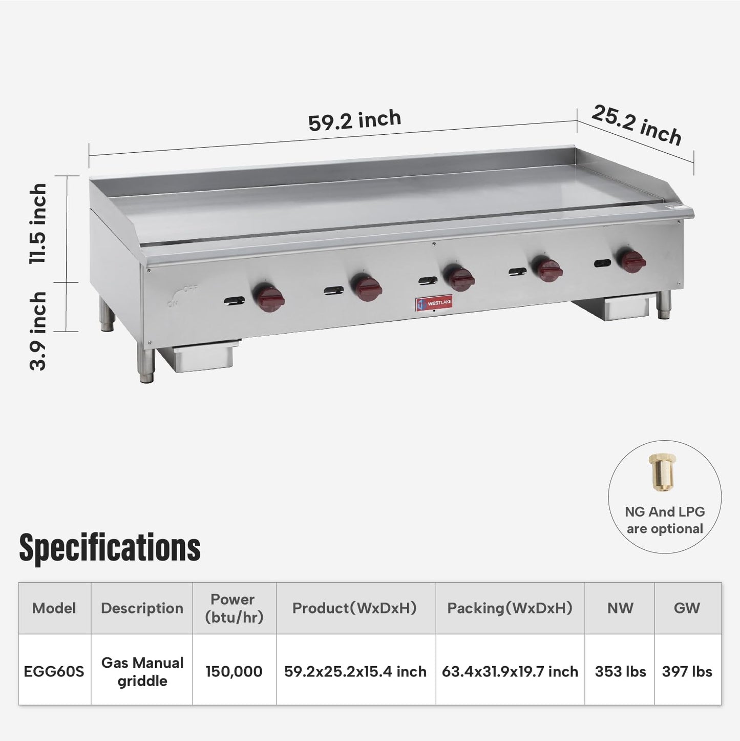 Commercial Gas Griddle, WESTLAKE 60" Countertop Griddle 5 Burner Plate Grill 150,000 BTU