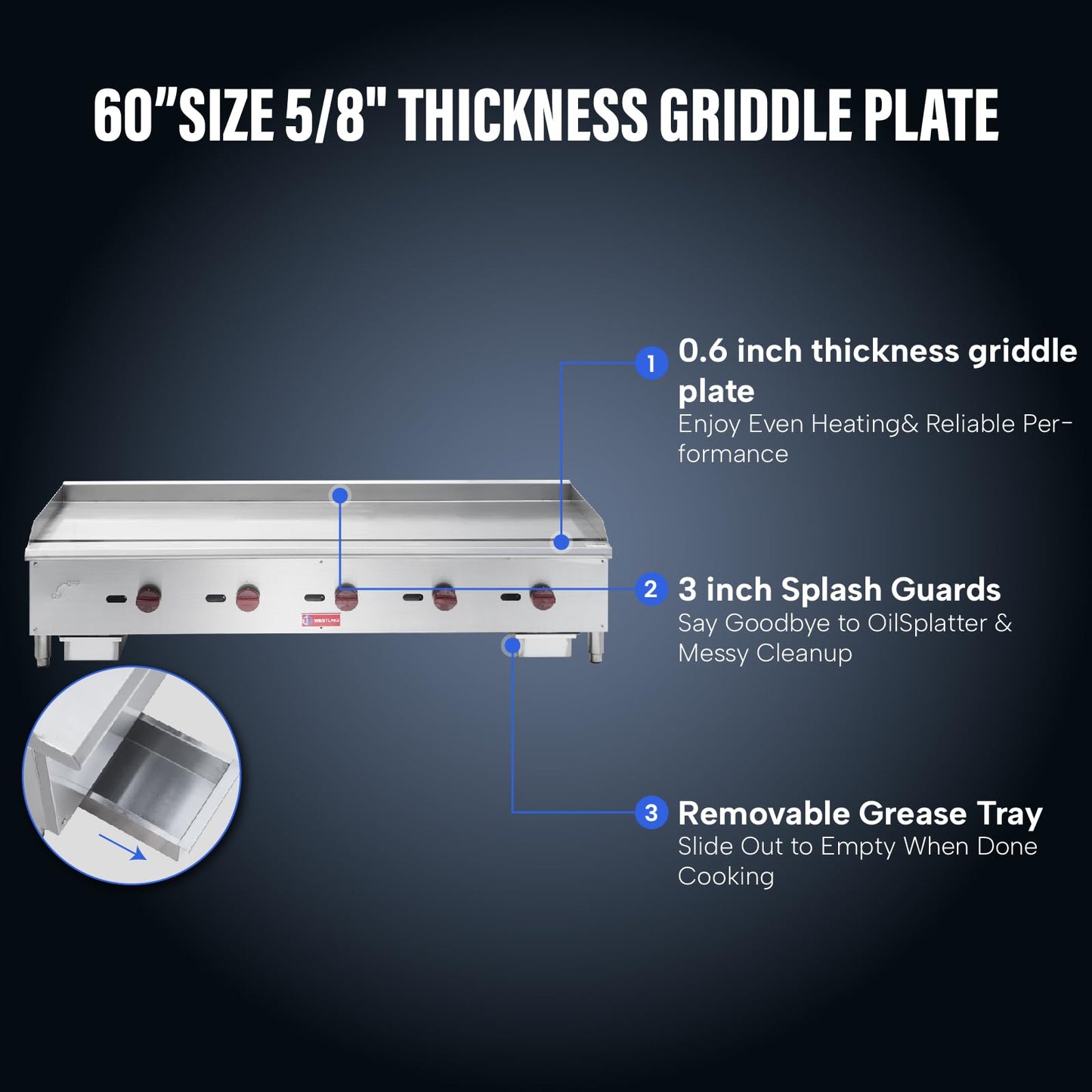 Commercial Gas Griddle, WESTLAKE 60" Countertop Griddle 5 Burner Plate Grill 150,000 BTU