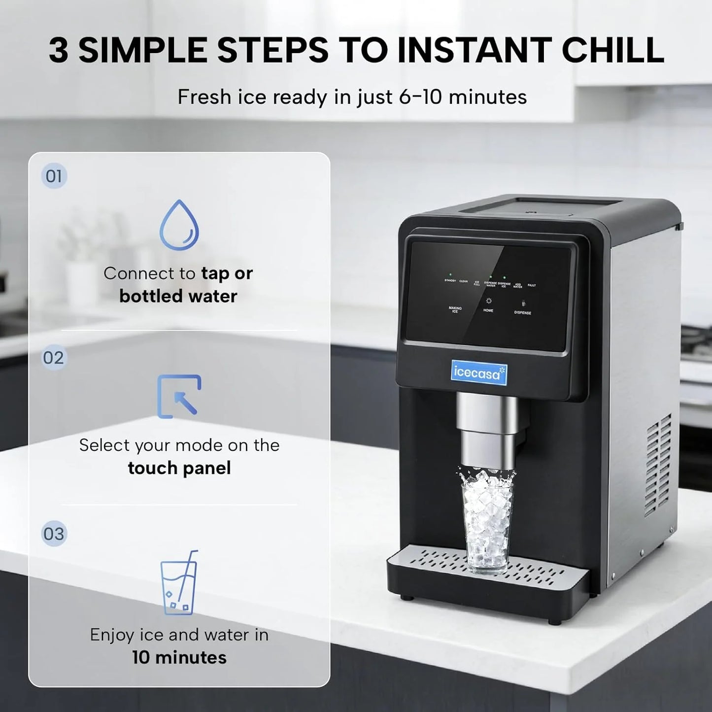 ICECASA Commercial 80 lbs/Day Nugget Ice Maker Countertop Soft Chewable Ice Water Dispenser Touch Screen | SKF-S30JW