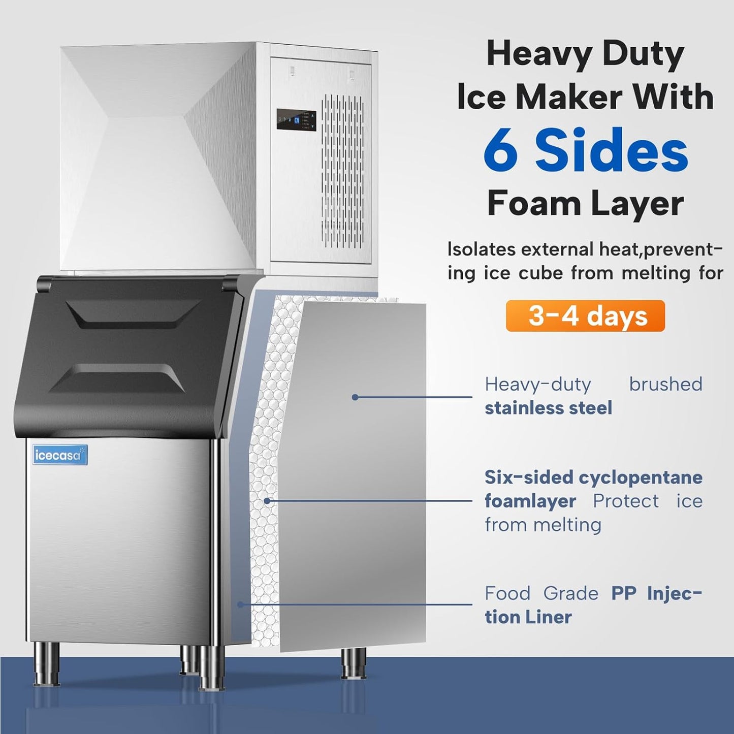 ICECASA Commercial Ice Maker Machine Stainless Steel 400 lbs/24H Ice with 267 lbs Storage
