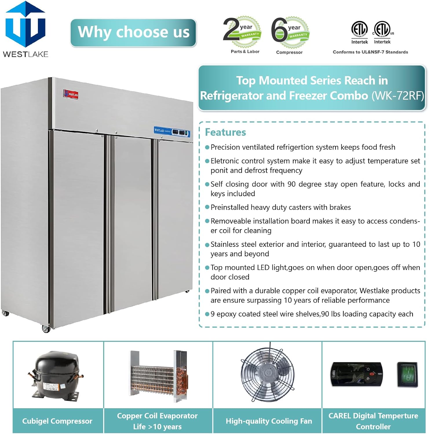 Commercial Refrigerator and Freezer Combo, WESTLAKE 72" 3 door Reach-In Commercial Fridge and Freezer Combination